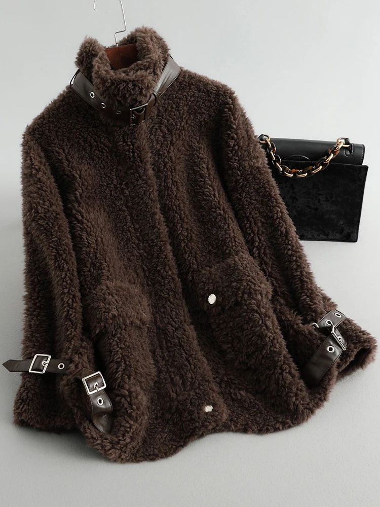 

Women 2020 Winter Natural Sheep Wool Coat Female Real Sheep Shearling Fur Jacket Fashion One Fur Overcoat Casual Outerwear L855