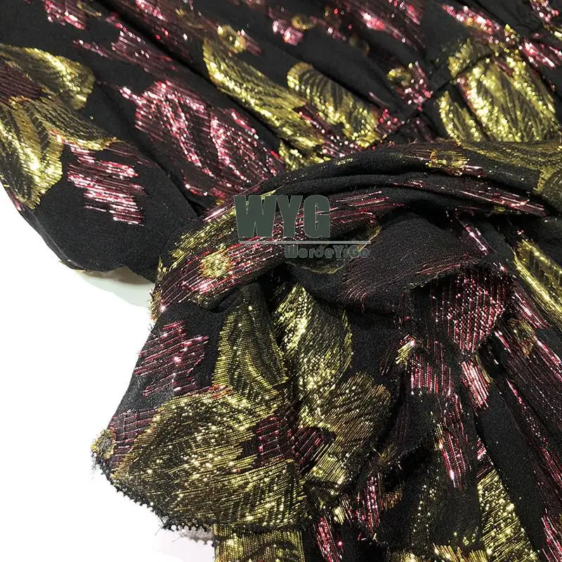 

Unique Fashion Designer Dresses Top Quality Women's Gold Thread Flowers Long Lantern Sleeve Elegant Black Real Silk Dress