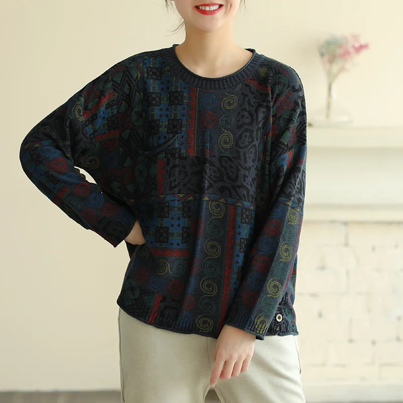 Женские винтажные свитера с цветочным принтом и круглым вырезом свободные