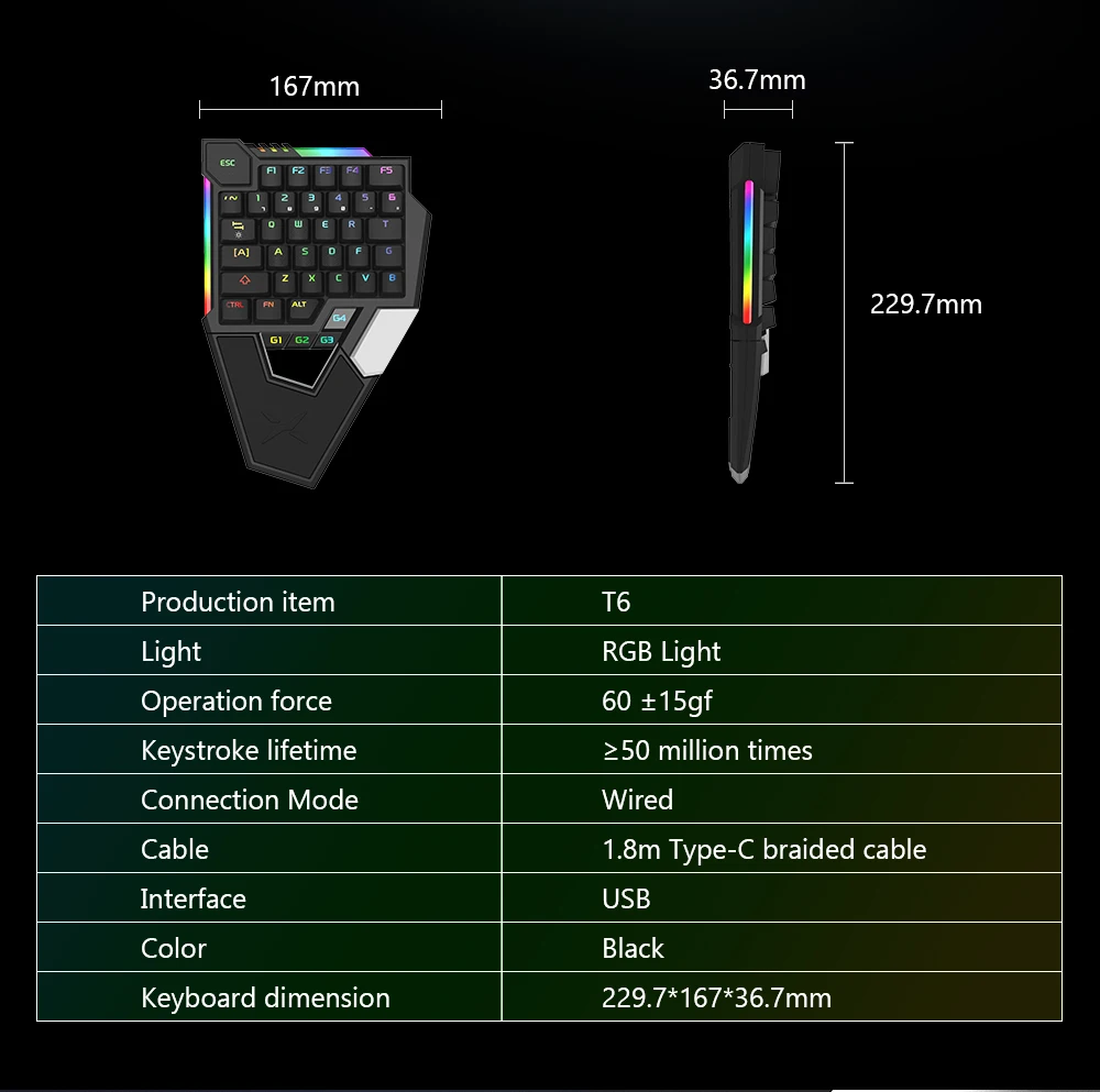 DELUX T6 Одноручные механические игровые клавиатуры складной RGB 39 ключ полностью программируемая Проводная клавиатура для ноутбука PC Gamer