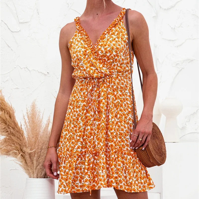 

Uclio Summer Sexy Floral Dress Women Spaghetti Strap Dress Ladie Ruffle V Neck Beach Boho Sundresses