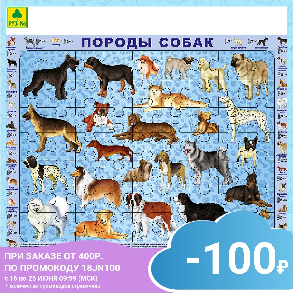 Детский пазл на подложке Руз Ко (36х28 см 63 эл.). Породы собак.|Пазлы| |