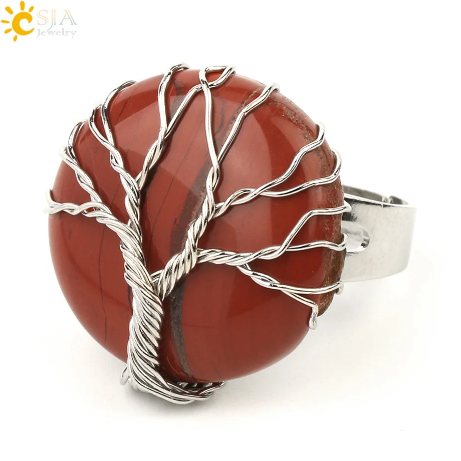 Red Jasper CSJA Натуральный камень круглый кабошон кольцо серебро Цвет рейки "Древо жизни" проволочный Обёрточная бумага перстни Размеры размер можно регулировать для Для женщин Для мужчин G241 - Цвет основного камня: Red Jasper