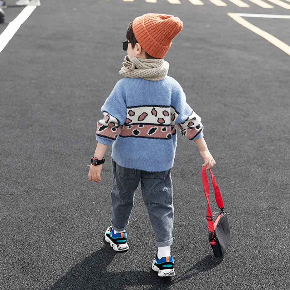 Свитера для мальчиков свитер в стиле пэчворк вязаный детский джемпер с круглым