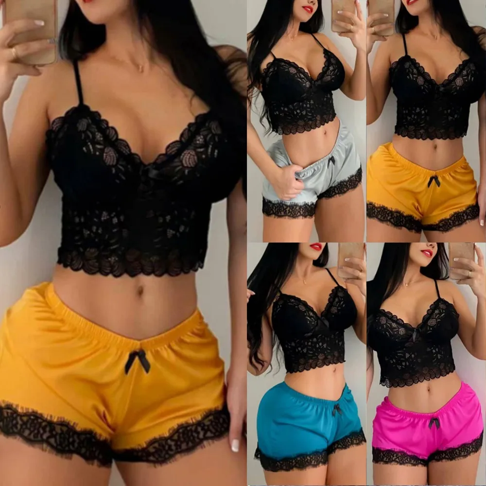 

Women Sleepwear Sexy Satin Pajama Set Black Lace V-Neck Pyjamas Sleeveless Cute Cami Top And Short Pijama Mujer