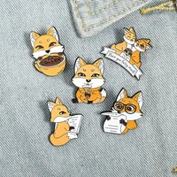 cute cartoon fox enamel pins drink coffee book animal brooches bag lapel pin badges jewelry gifts for kids friends wholesale