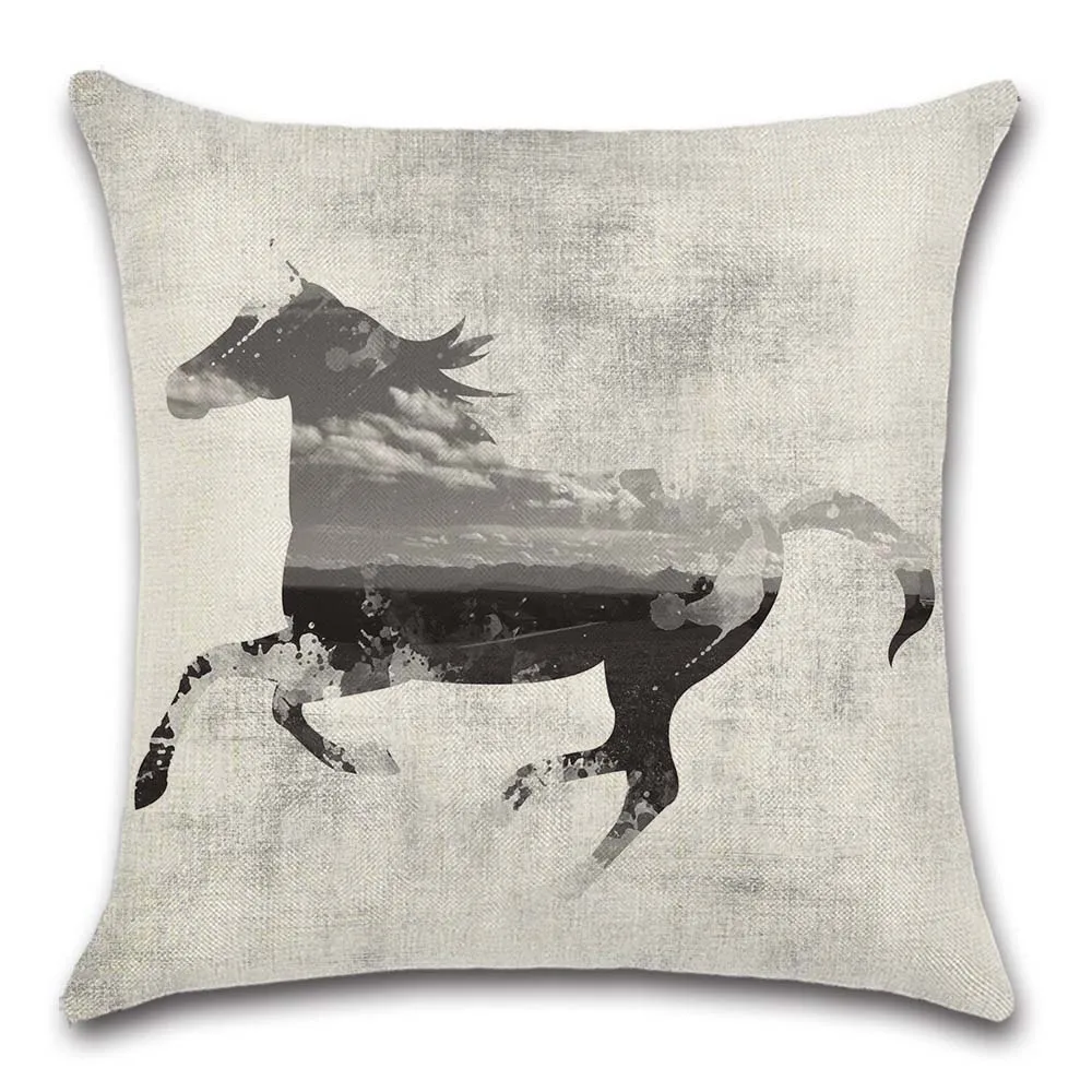 Чернильный стиль рисунок лошади бежевый Чехол на подушку декоративный домашний
