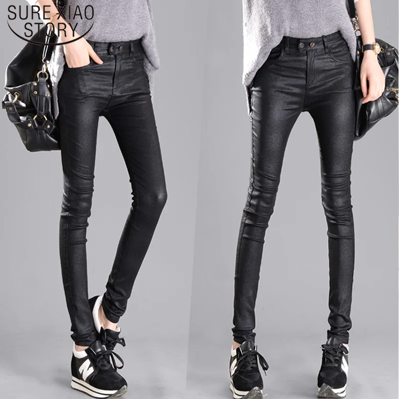 

2022Slim Tight Leather Solid Black Pencil Pants New Autumn Winter Velvet Plus Size Pants Women Full Skinny Pant 6537 50