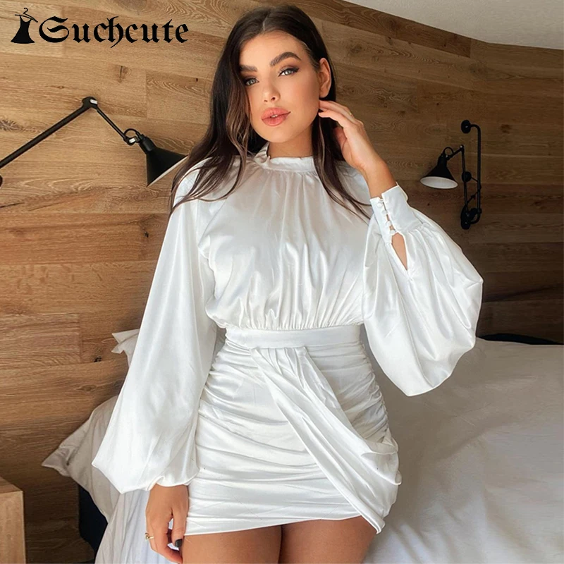 

SUCHCUTE Sexy White Long Puff Sleeve Bodycon Dress Women Elegant Slim Evening Mini Dresses Autumn Clubwear Outfits Casual Dress