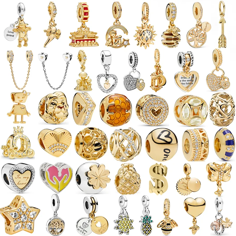 

2021 New Gold Sun Pendant Lion Bee Family Tree Zircon Sparkling Beads Fit Pandora Charms Silver Color Bracelet Women DIY Jewelry