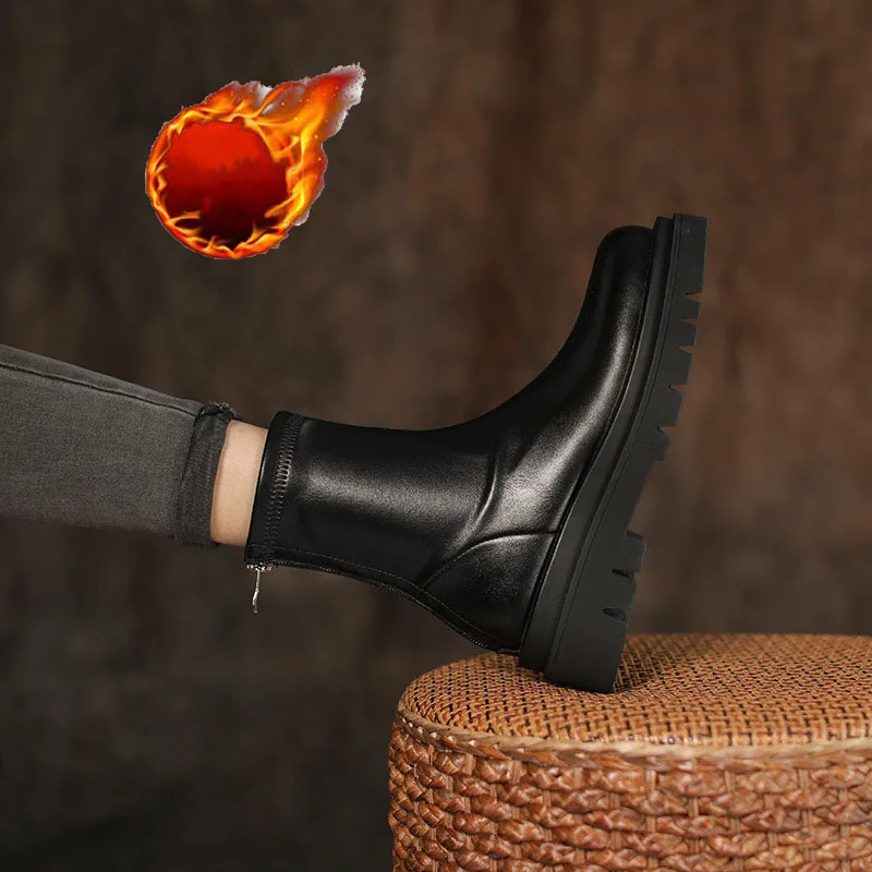 

Short Boots 2021 Autumn Winter Plush Thickened Large Size Women's Simple Round Head Back Zipper Muffin Heel Black Off White Wome