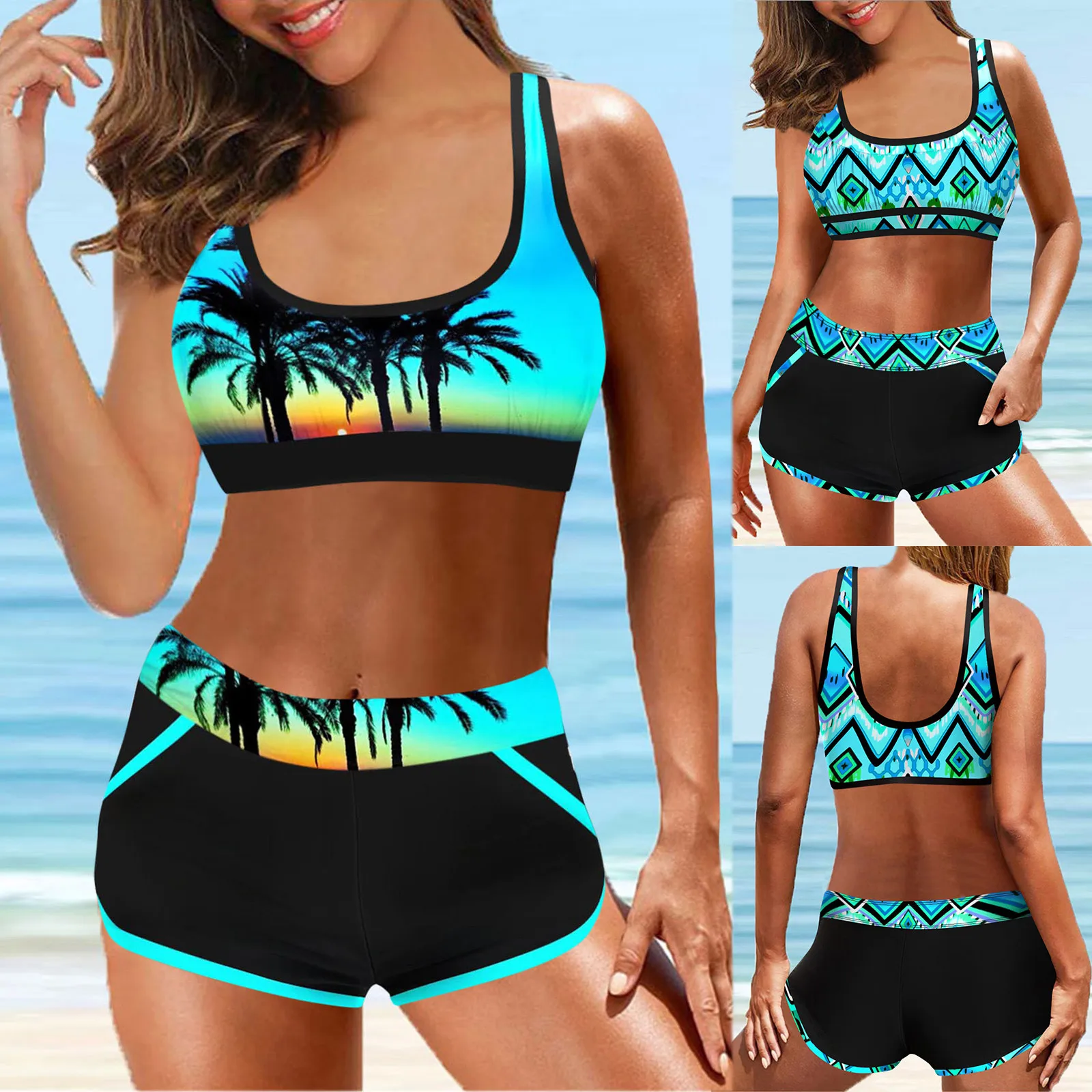 

2021 New Swimsuit Feminine Split Vest with Pockets High Waist Boxer Pants Printed Bikini High Waist Bikini 2 Piece Sets Womens