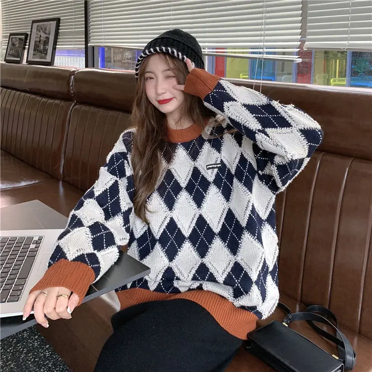 

Autumn Winter New Round Neck Color Matching Diamond Pattern Sweater Loose Academic Style Sweater Women Basic Outwears