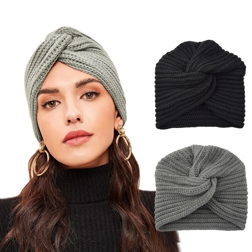 1PC Fashion Hat For Women Knot Bandanas Turban Headband Warm Knit Cap Solid Center Cross Hair Scarfs Indian | Аксессуары для