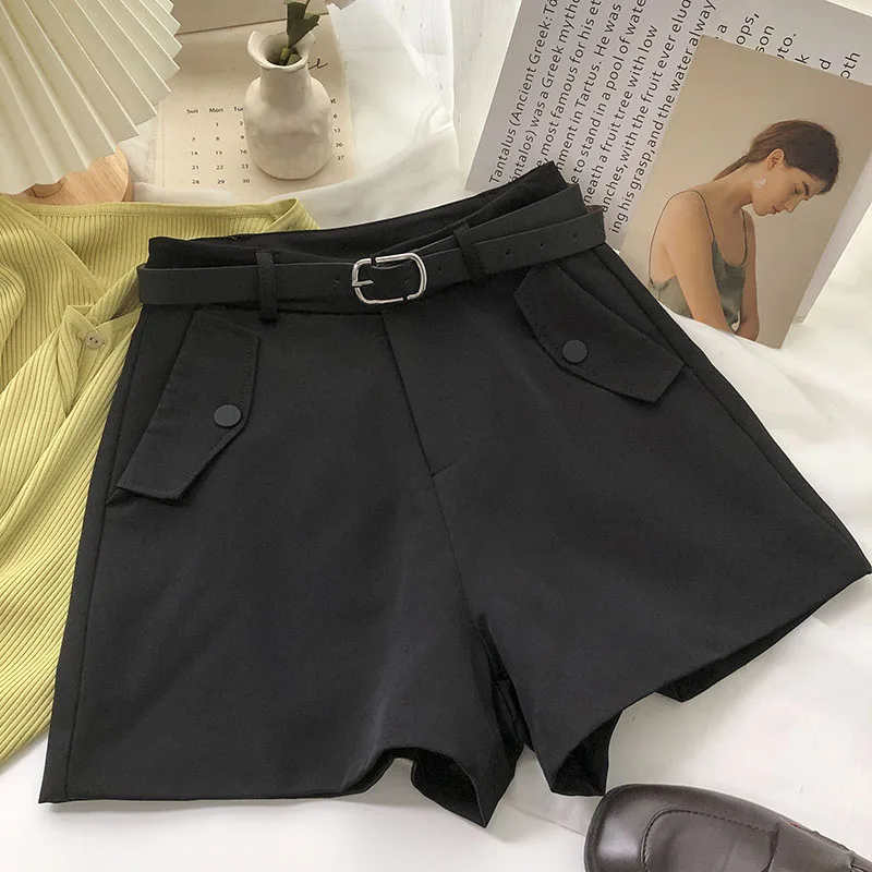 

Fake pocket high waist A-line casual pants female spring and summer Korean retro all-match thin wide-leg shorts with belt