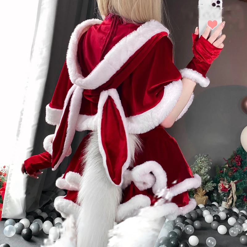 2021 Christmas Xmas Lady Santa Claus Cosplay Costume Winter Bunny Girl Cape Cloak Outfits Halloween Tail Women Custome |
