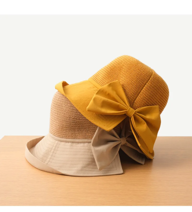 

Simple New Lady Summer Outdoor Fashion Delicacy Beach Travel Sunscreen Bucket Hat Wide Brim Bowknot Matching Color Straw Hat