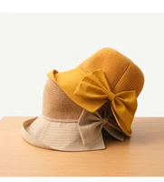 simple new lady summer outdoor fashion delicacy beach travel sunscreen bucket hat wide brim bowknot matching color straw hat
