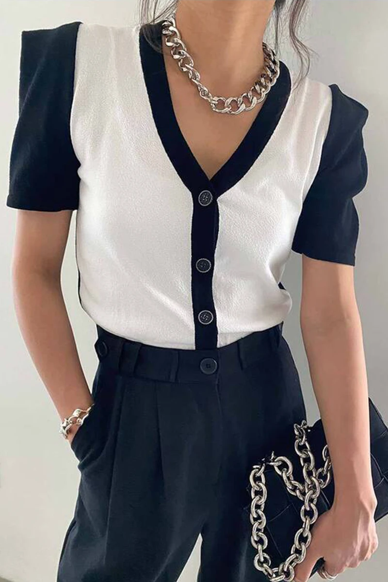 

Simple Deep V Neck Puff Sleeve Women Cropped Cardigans Korean Chic Elegant Office Ladies Women Knitted Tops Summer 2021