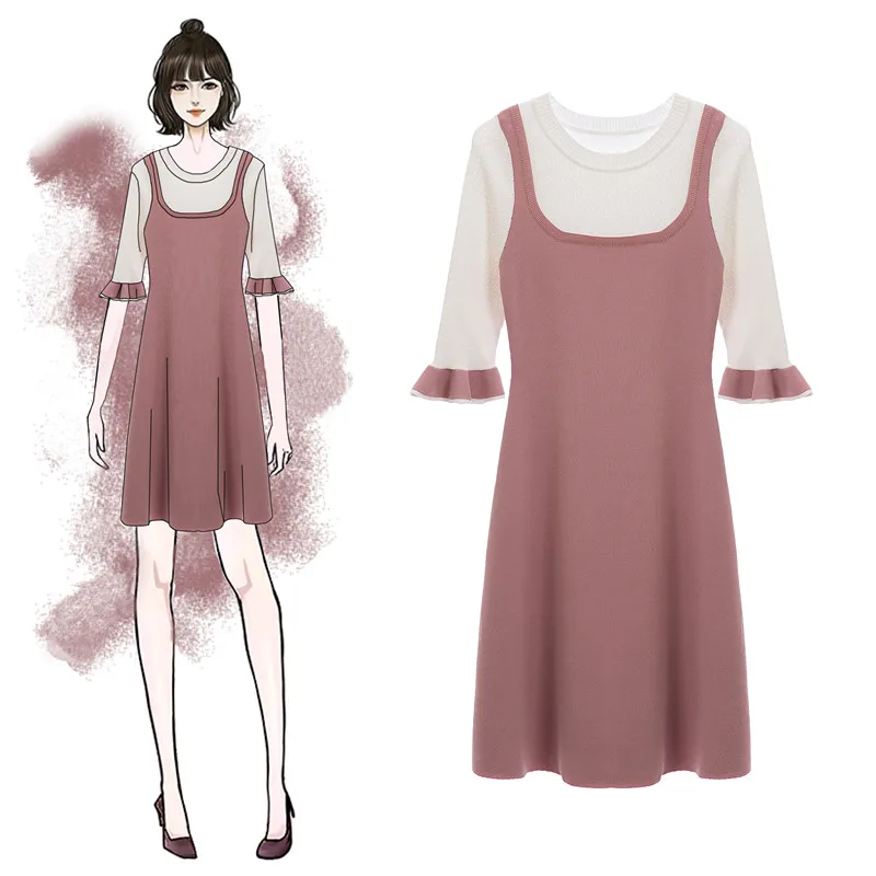 

Two Fake Five-sleeve Ice Silk Knitted Skirts With Fat Mm Spring Dresses