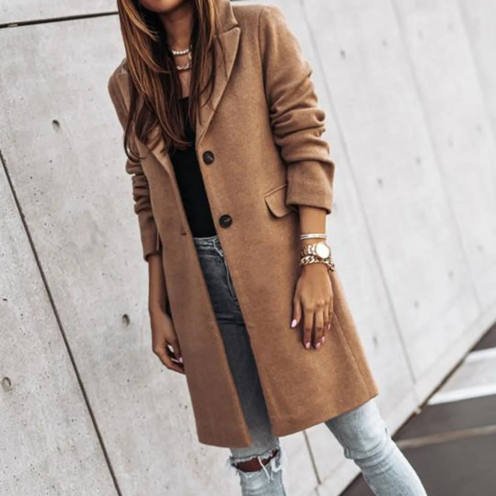 

Autumn Winter Women Elegant Coat Long Sleeve Button Mid-length Jacket Overcoat Lady Office Simple Solid Casual Lapel Female Coat