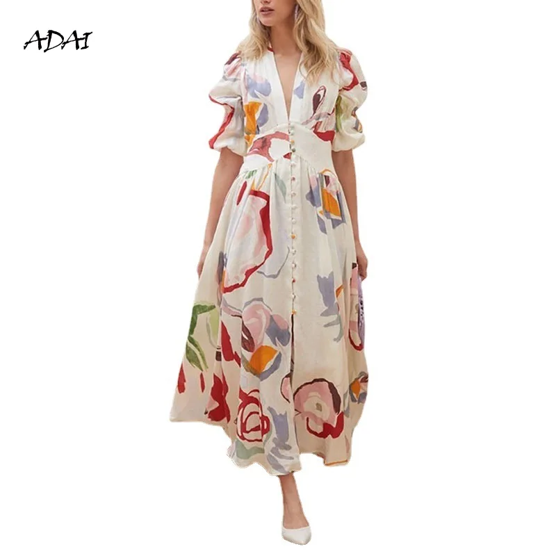 

Summer Women Dresses Swing Chiffon Print Dress Sexy V Neck Button Design High Waist White Clothes Beach Long Dress Plus Size 3XL