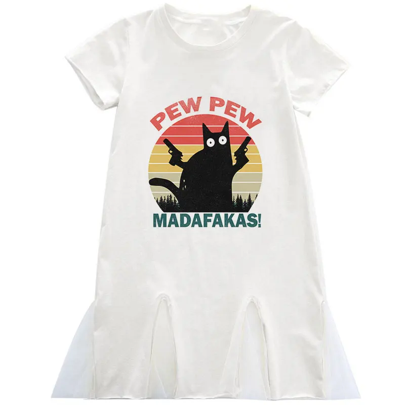 Забавная одежда с черной кошкой PEW MADAFAKAS костюм для Хэллоуина коротким рукавом