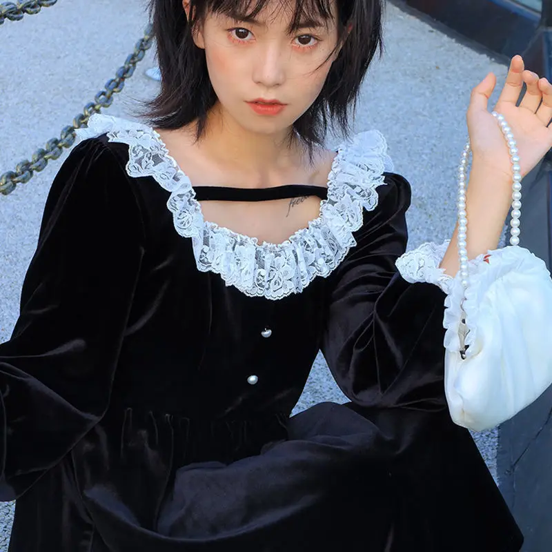 

2022 Spring French Vintage Black Dress Women Evening Party Dress Female Casual Slim Elegant Splice Lace One Piece Dresses Y164