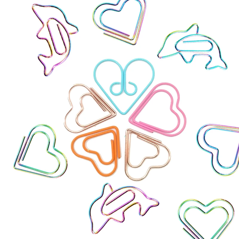 

12Pcs Rainbow Heart Shaped Paperclips Colorful Dolphin Paper Clips Office Metal Binder Memo Clip For Scrapbook Planner Bookmark