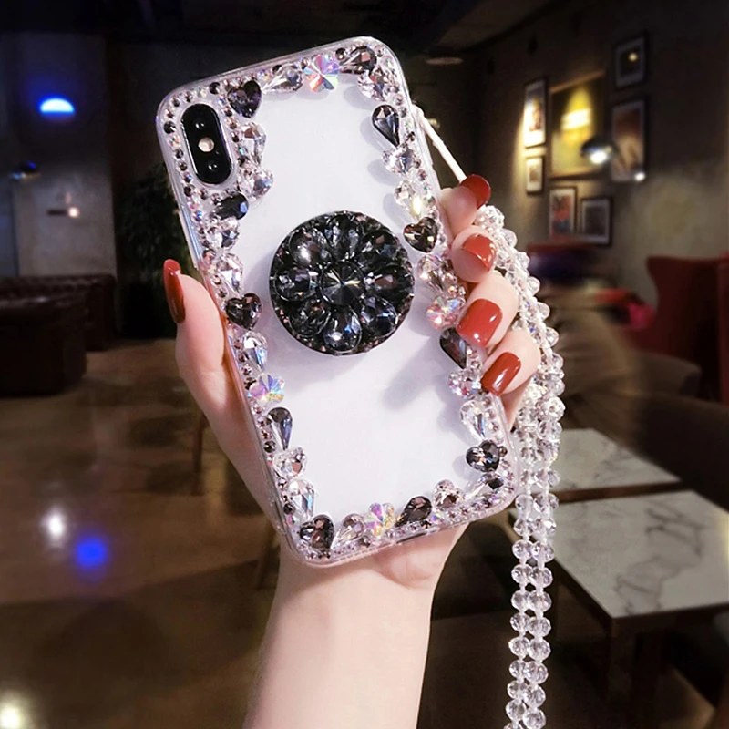 As the picture shows Чехол для iPhone 6, 7, 8 Plus, XR, X, XS MAX, корпуса для телефона, аксессуары, с ремешком, держатель, задняя крышка, чехол для женщин, девушек, алмаз, Capinha - Цвет: As the picture shows