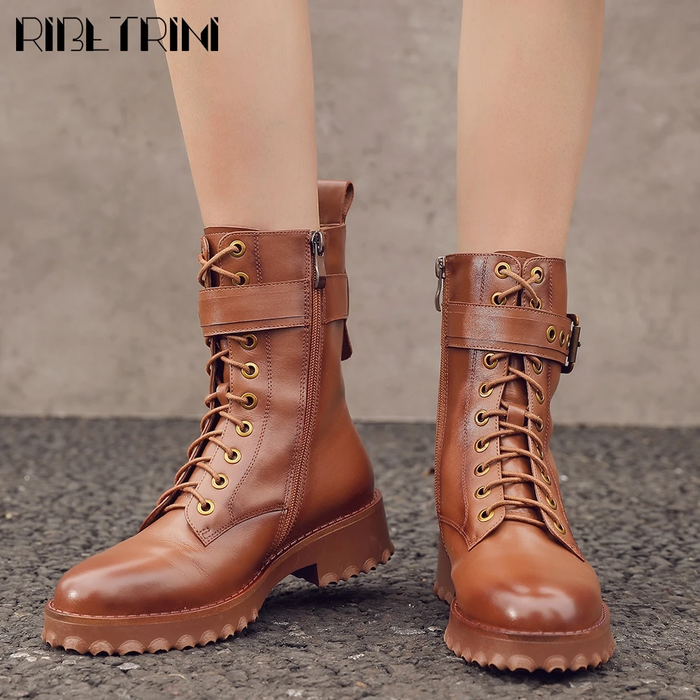 

Женские ботинки до середины икры riason ini, роскошные модные ботинки из натуральной кожи на платформе с пряжкой и кружевом, в стиле ретро