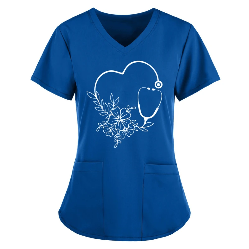 

Nurse Uniform Women Short Sleeve V-neck Tops Working Uniform Floral Love Print Pocket Blouse Overalls Nurse Uniforme Clinico