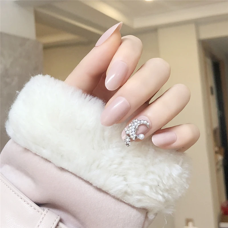 

Moon розовый чистый цвет с серебристого цвета со стразами Луны 3d декорированные накладные ногти японский леди полностью накладные ногти Ins не...