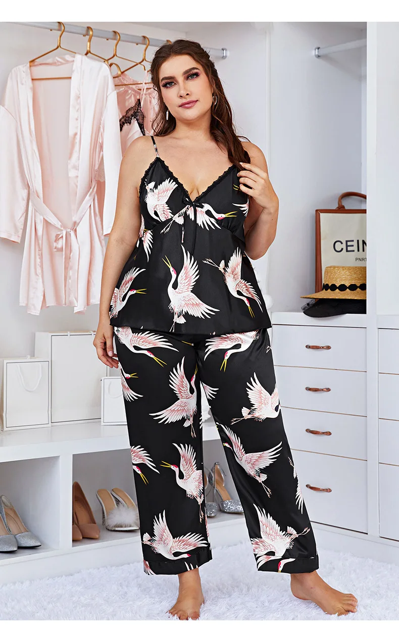 Plus Size 3pcs Women Stain Pajamas Set Elegant Silk Like Glossy bathrobe Camisole and Pants Sleepwear Ladies Homewear Loungewear