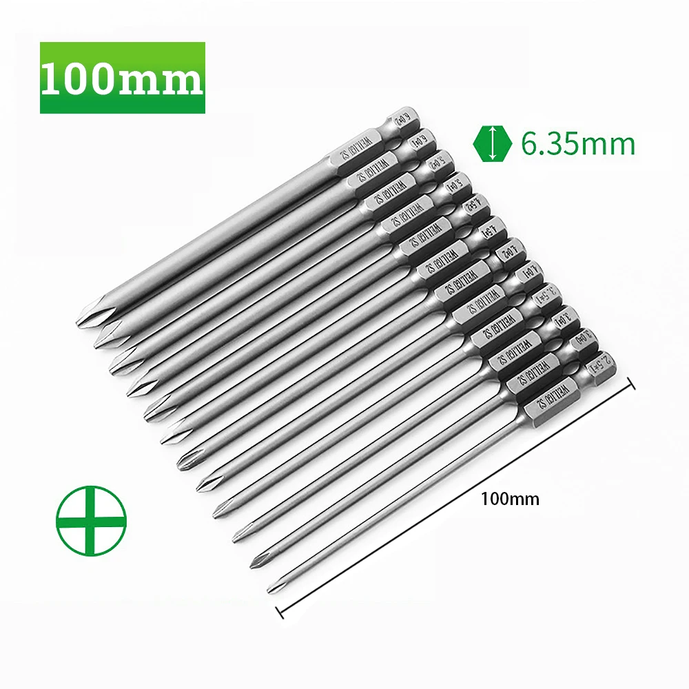 

1set/12pcs Bits For Screwdriver Ph2 Ph1 100mm Length Electric S2 Magnetic Bit Driver High Torque S1/4 Tips Repairing Head Tools