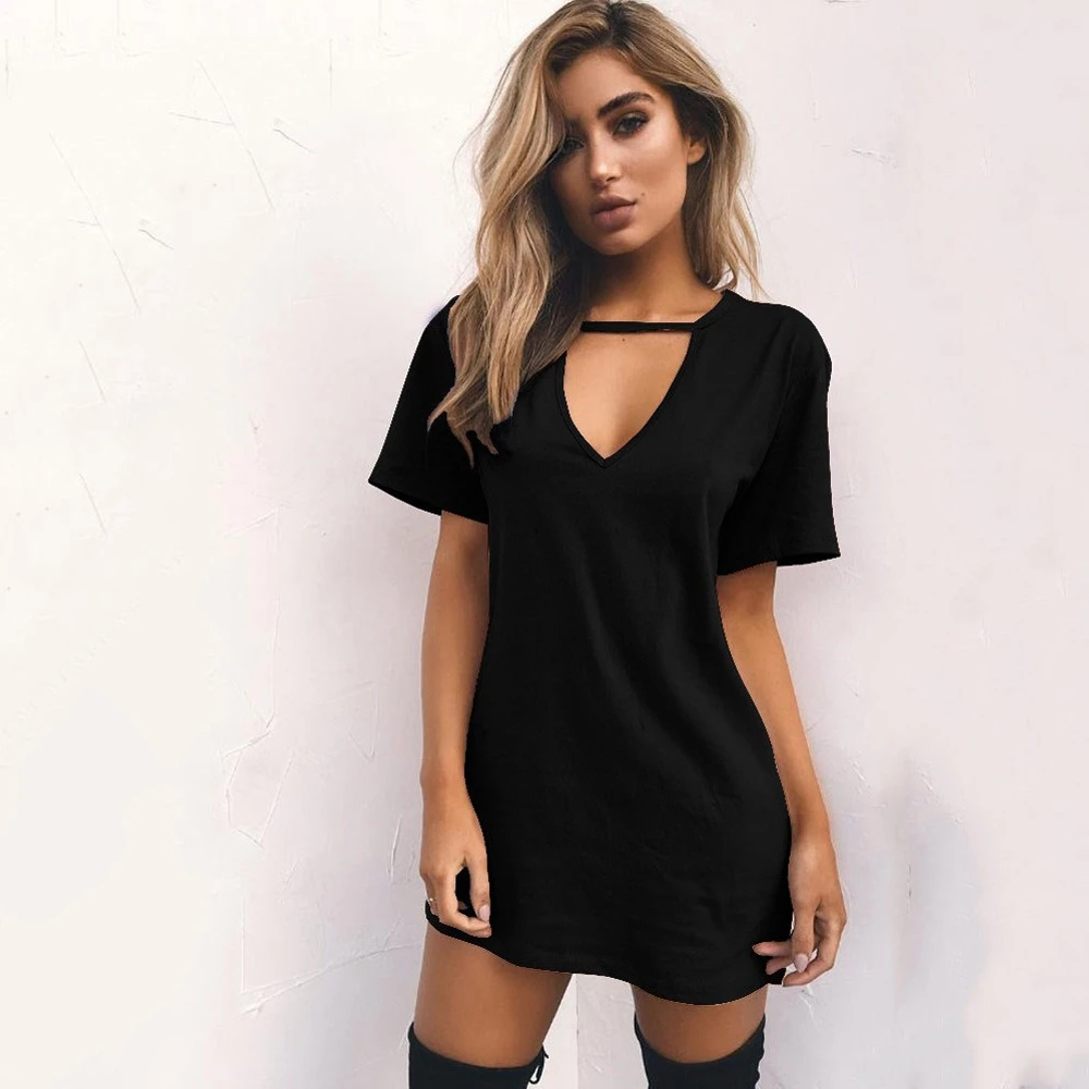 

Women Summer Sexy Club Dresses Dark V-neck Short Sleeve Mini Dress Casual Fashion Beach Dress Ladies Loose Long T-shirt Dress