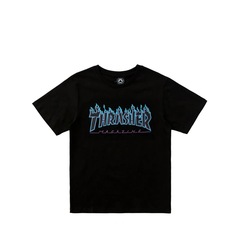 

Men's Hip-Hop Tide Brand Phantom Flame Letter Printing Short-Sleeved T-shirt Pure Cotton Loose and Comfortable Solid Color Top