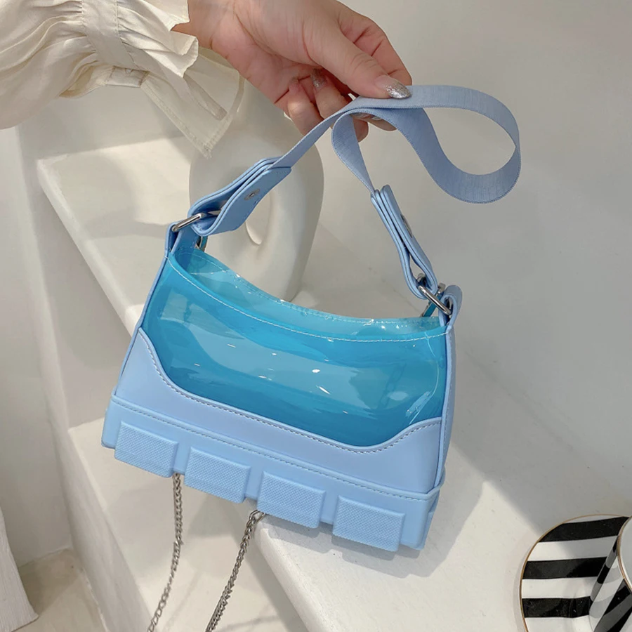 

Fashion PVC Jelly Women Shoulder Crossbody Bag Transparent Chain Baguette Bag Summer Travel Small Handbags Women's Messenger Bag