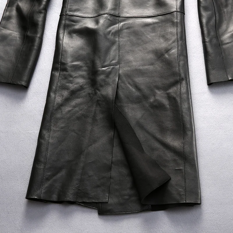 Длинный мужской модный осенний кожаный Тренч из овечьей кожи с широкой талией