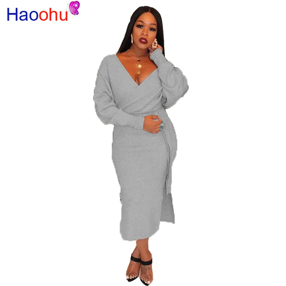 

Autumn Women winter Full Sleeve Bodycon V-Neck Open Midi dress Fashion Sexy Casual club night party bandage dresses