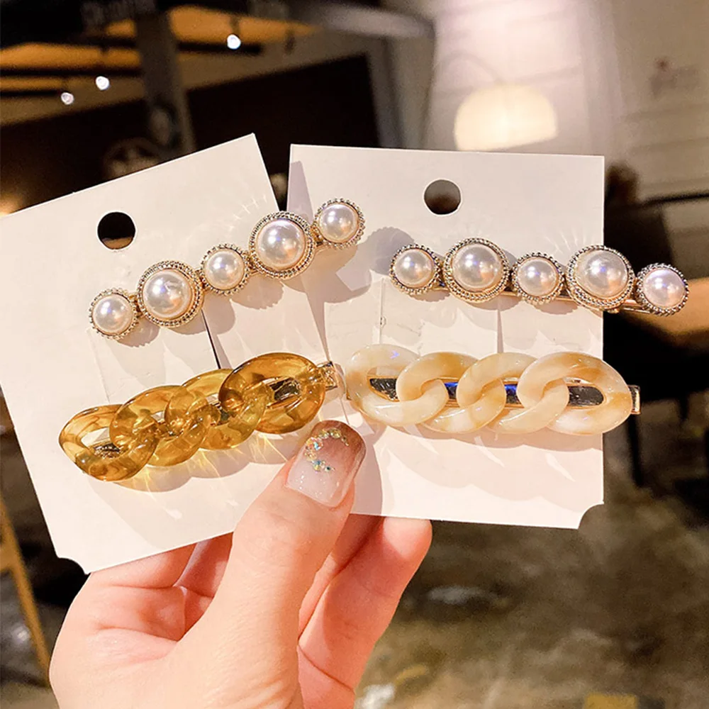 

1 Pcs Women Acrylic Chain Design Pearls Hairpins Sweet Fashion Barrettes Hair Clips Lady Hair Accessories Elegant