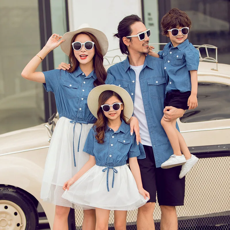 Джинсовые платья для мамы и дочки юбка пачка принцессы семьи пижамы отца сына