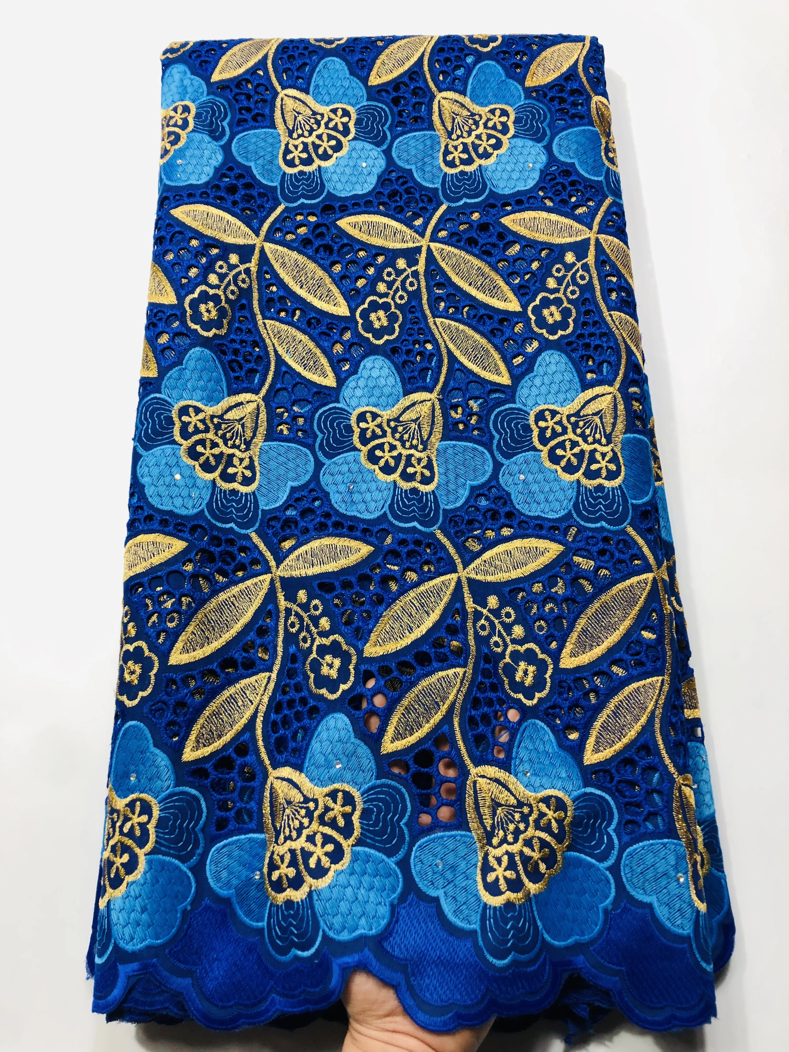 

High Quality Gold French Cotton Lace Fabric African Guipure Swiss Voile Lace Fabric with Beautiful Flower Stones 5 Yards per lot