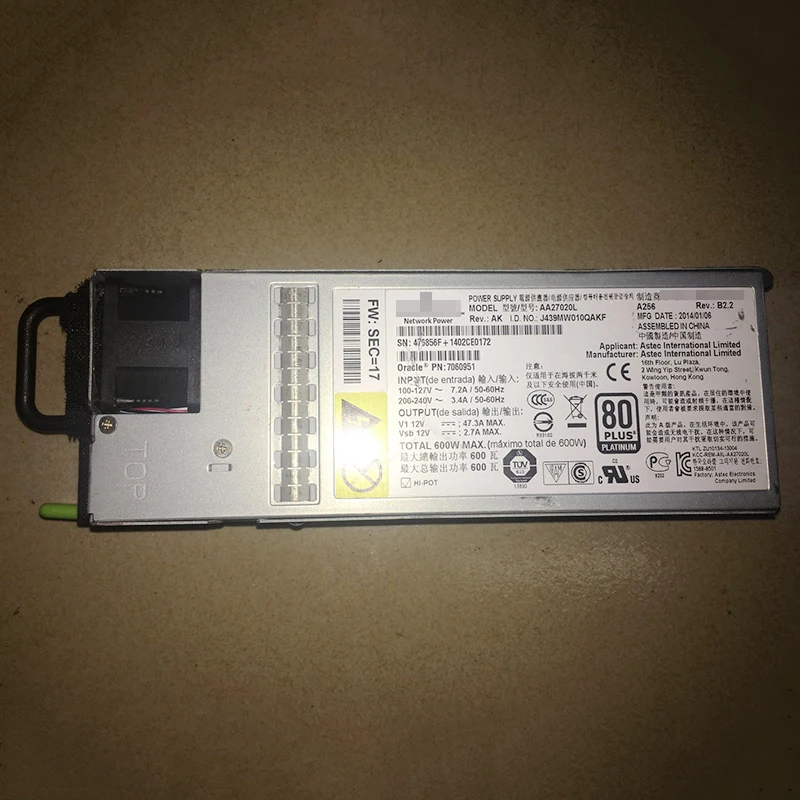

Used in good condition for Sun Oracle 7060951 X3-2 X4170M3 for EMERSON Power Supply AA27020L 600W