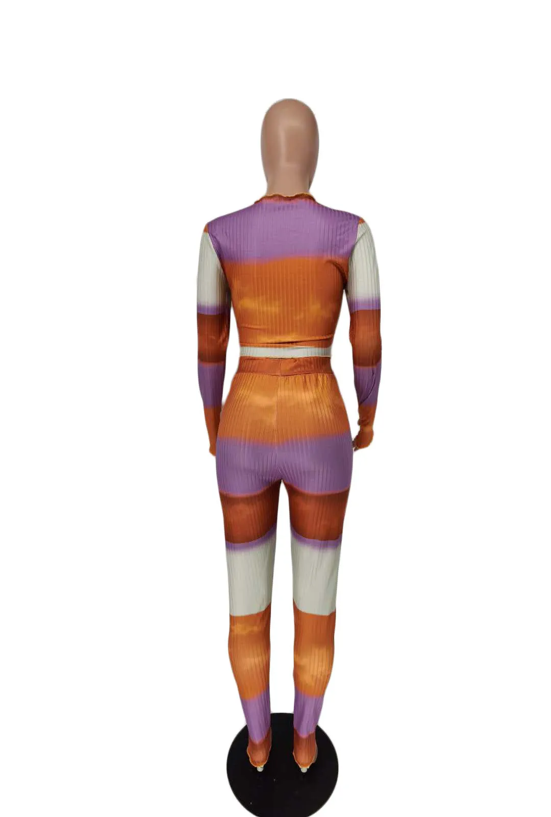 

Casual Women Tracksuit 2 Piece Set Outfits Ribbed Rainbow Matching Sets Sporty Active Wear Long Sleeve Bodycon Crop Top+Pants