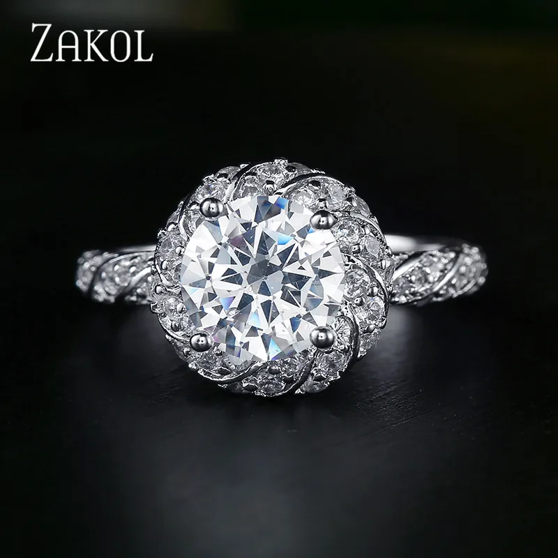 Модное женское обручальное кольцо ZAKOL сверкающее идеальное с круглым цирконом