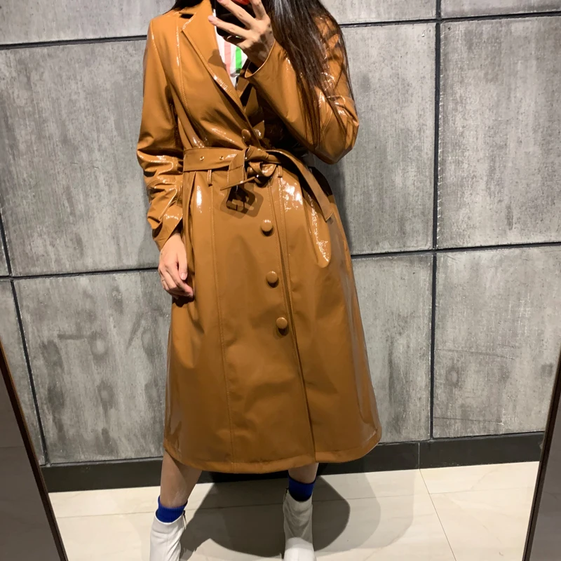 ladies leaher coat long women genuine leather windbreak