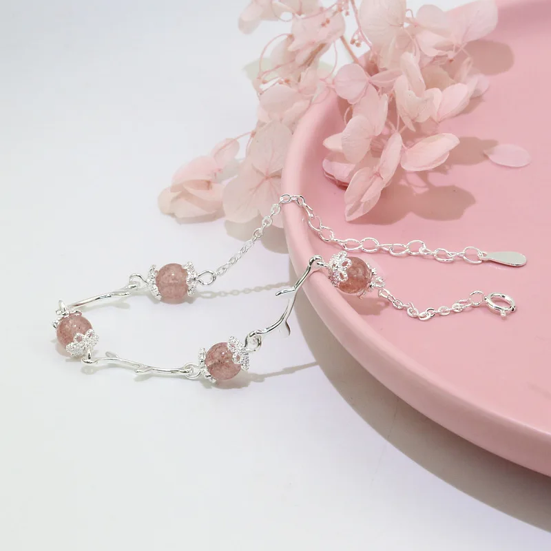 

925 Sterling Silver Fashion Jewelry Pink Strawberry Crystal Moonstone Chain Women's Bracelet