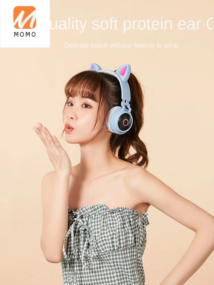 headphone head mounted wireless bluetooth subwoofer cat ears mobile phone computer girl cute luminous headset free global shipping
