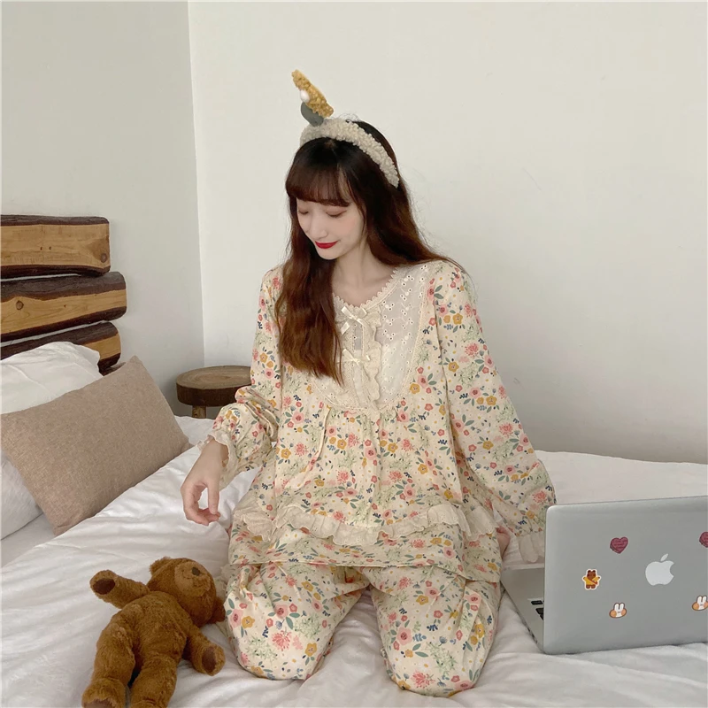 

CBAFU women nightwear spring autumn pajama set lace bow tie floral print cute sleepwear 2 piece set long sleeve tops pants M565